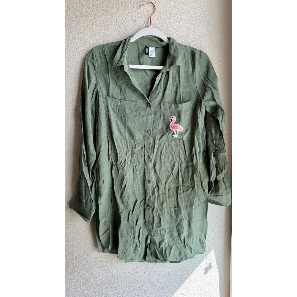H&M Divided Olive Green Button Down Shirt Size 6 Sequin Flamingo Patch